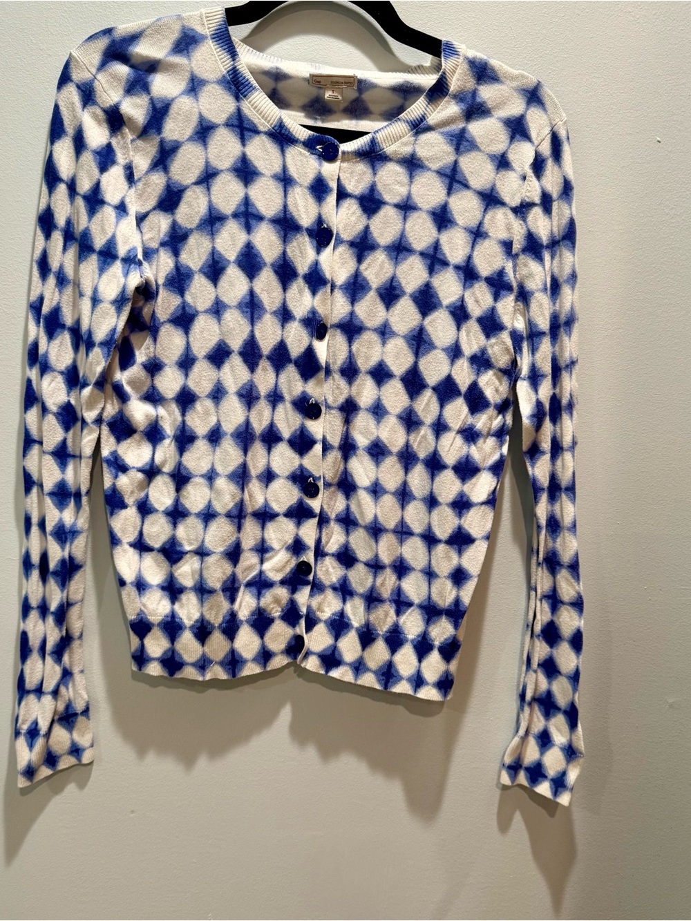 Gap Designed & Crafted Blue White Geometric Cardigan Size Small Button Up